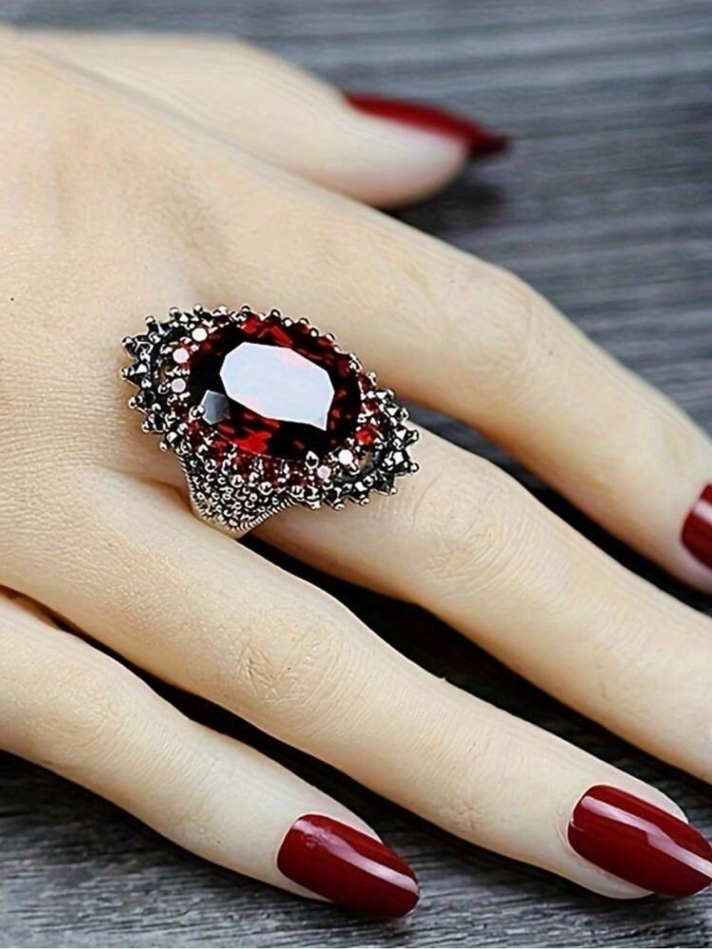Deep Red Gemstone Silver-Tone Statement Ring